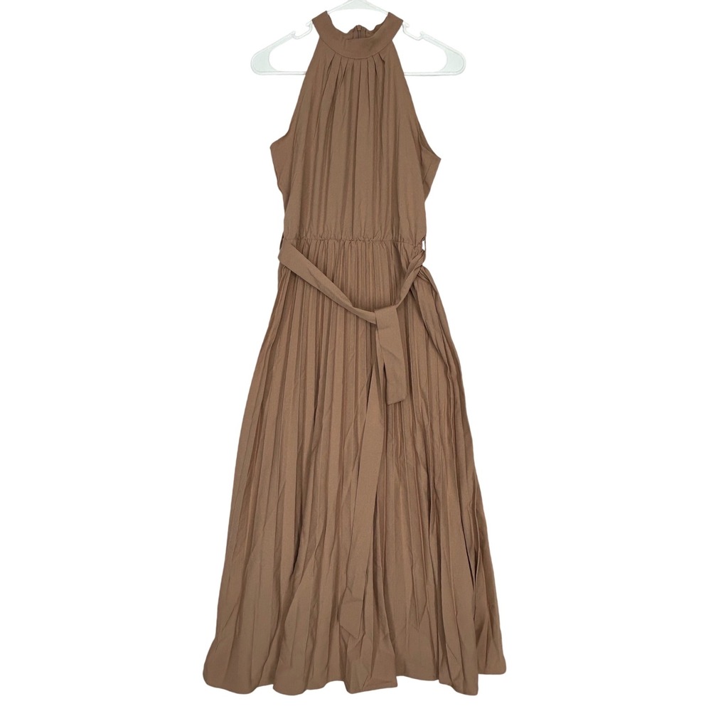 Brown Belted Maxi‎ Dress Halter Neckline Zip Close Women's Size Small NWOT
